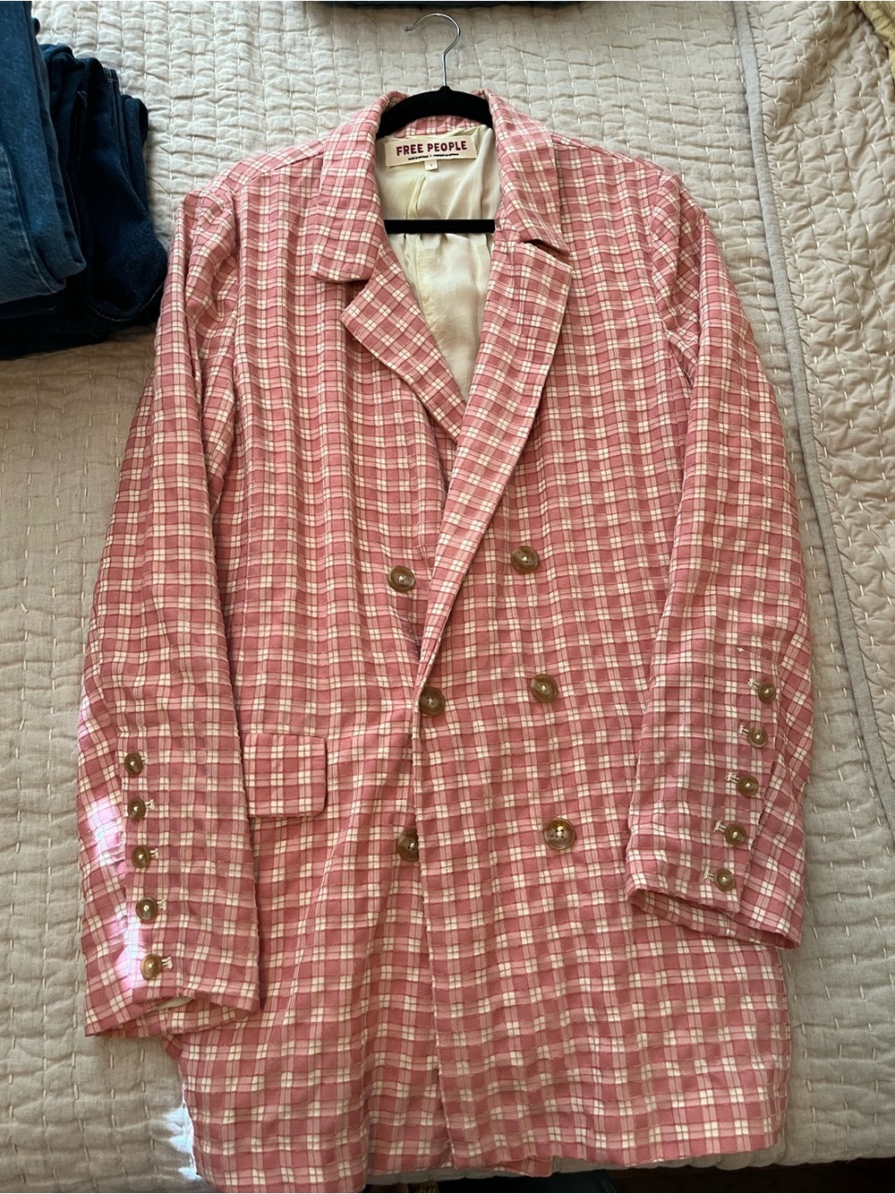 Free People Pink Plaid Double-Breasted Sport Coat